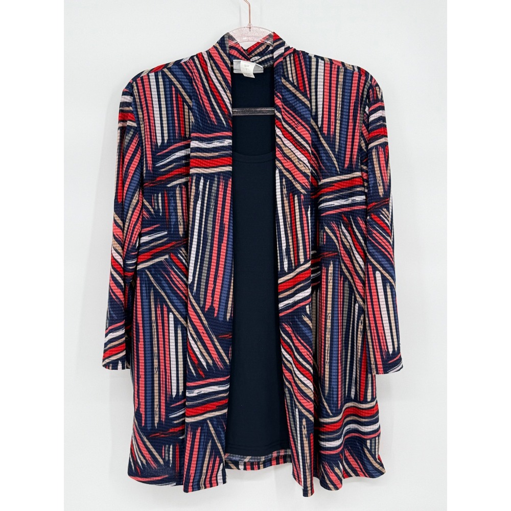 Serengeti Womens Open Front Cardigan Jacket Red Navy Blue Abstract Stripe Sz L